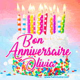 A white birthday cake covered in colorful sprinkles, topped with bright candles, and French text 'Bon Anniversaire Olivia' on a pastel gradient background in an animated GIF.