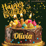 A delightful chocolate birthday cake with bright candles and 'Happy Birthday Olivia' written in gold amidst a shower of animated stars.