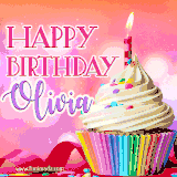 A vibrant birthday GIF featuring a rainbow-colored cupcake topped with white frosting, sprinkles, and a lit candle. The text reads 'Happy Birthday Olivia' in bold pink and violet letters with white outline.