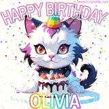 Adorable party-themed animated cat next to a lit birthday cake with text that says 'Happy Birthday Olivia,' surrounded by colorful decorations and sparkles.