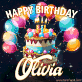 Bright birthday animation for Olivia with a chocolate cake, candles, balloons, and glowing celebratory lights.