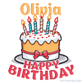 Cartoon birthday cake with a red bow, glowing candles, and 'Olivia Happy Birthday' text in bold animated style.