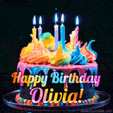 A mesmerizing animated cake with multicolor frosting and candles, and the words 'Happy Birthday Olivia' on the black background.