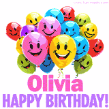 Animated colorful and joyful birthday balloons with cheerful smiles and a bright 'Happy Birthday Olivia!' message in pink and purple.
