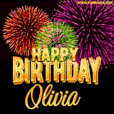A golden 'Happy Birthday Olivia' message with vibrant fireworks in the background, creating a festive and celebratory vibe in this animated name GIF.