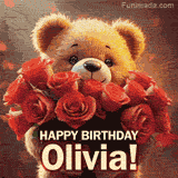 Cinematic style cute animated teddy bear with charming features holding a large bouquet of red roses, the words say 'Happy Birthday Olivia' in sans serif font.
