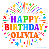 Happy Birthday Olivia' GIF with rainbow-colored letters, colorful stars, and fireworks on white background.
