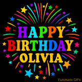 Personalized greeting card with name, colorful text that says 'Happy Birthday Olivia' surrounded by animated fireworks and multicolor stars