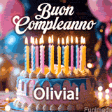 Birthday cake topped with pink and yellow lit candles, surrounded by glowing bokeh lights and party balloons. The greeting 'Buon Compleanno Olivia GIF!' is displayed.