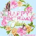 A charming animated GIF featuring 'Happy Birthday Olivia' in pink and green text, surrounded by delicate roses, leaves, and fluttering butterflies on a soft light blue pastel background.