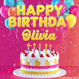Pink-themed animated greeting with balloons, confetti, and a frosted cake under the message 'Happy Birthday Olivia' in bold rounded yellow font.