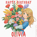Bright floral birthday animation for Olivia showing a cute cartoon girl with golden hair and expressive eyes holding a huge bouquet, surrounded by birthday text.