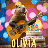 Animated birthday GIF showing a capybara playing guitar and singing beside a birthday cake with the name Olivia in large letters and colorful bokeh lights in the background.