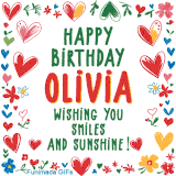 A colorful animated card for Olivia’s birthday featuring playful hearts, cheerful flowers, and a handwritten message wishing smiles and sunshine.