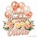 Elegant 3D rose gold text saying Happy Birthday Olivia surrounded by balloons