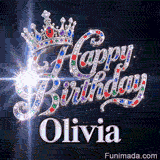 A customized birthday GIF for Olivia displaying a rich jeweled crown with a sparkly dark background.