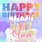 A vibrant animated name GIF with the words 'Happy Birthday Olivia' with colorful candles on a creamy cake. The background sparkles with pastel shades, adding a festive touch.