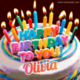 A colorful birthday cake topped with lit candles, with the words 'Happy Birthday Olivia' in bold glowing letters on a burgundy background. Animated flames add a festive touch.
