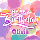 A vibrant name GIF featuring colorful balloons in shades of pink, orange, and yellow with the bold text 'Happy Birthday Olivia' in festive fonts, creating a lively birthday vibe.