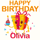 A vibrant and funny gift box character with a happy face dancing with a cupcake and the text 'Happy Birthday Olivia,' surrounded by animated confetti and party vibes.