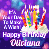 A colorful birthday GIF for Oliviana featuring a cupcake with vibrant lit candles and the text 'It's Your Day to Make a Wish! Happy Birthday Oliviana' in bold letters on a festive purple background.