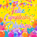 A bright and festive GIF with the text 'Feliz Cumpleaños Oliviana' in Spanish in colorful fonts, surrounded by confetti, balloons, and festive banners on a vibrant yellow background.