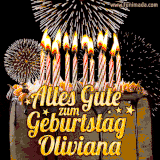 A chocolate birthday cake with glowing candles, the German text 'Alles Gute zum Geburtstag Oliviana,' and vibrant fireworks lighting up the background in an animated GIF.
