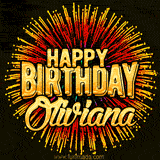 Golden 'Happy Birthday Oliviana' text accompanied by animated rainbow fireworks for a festive animated greeting.