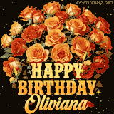 Animated bouquet of orange roses with moving butterfles and golden 'Happy Birthday Oliviana' text, surrounded by sparkling accents and a dark backdrop for a luxurious feel.