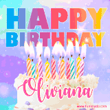 A vibrant animated name GIF with the words 'Happy Birthday Oliviana' with colorful candles on a creamy cake. The background sparkles with pastel shades, adding a festive touch.