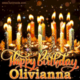 A glowing personalized birthday GIF with name Olivianna featuring lit candles with intricate designs, warm lighting, and the text 'Happy Birthday' in an elegant font.