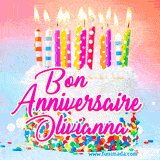 A white birthday cake covered in colorful sprinkles, topped with bright candles, and French text 'Bon Anniversaire Olivianna' on a pastel gradient background in an animated GIF.
