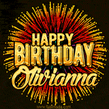 Golden 'Happy Birthday Olivianna' text accompanied by animated rainbow fireworks for a festive animated greeting.