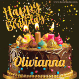 A delightful chocolate birthday cake with bright candles and 'Happy Birthday Olivianna' written in gold amidst a shower of animated stars.