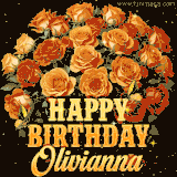 Animated bouquet of orange roses with moving butterfles and golden 'Happy Birthday Olivianna' text, surrounded by sparkling accents and a dark backdrop for a luxurious feel.