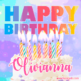A vibrant animated name GIF with the words 'Happy Birthday Olivianna' with colorful candles on a creamy cake. The background sparkles with pastel shades, adding a festive touch.