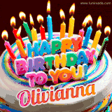 A colorful birthday cake topped with lit candles, with the words 'Happy Birthday Olivianna' in bold glowing letters on a burgundy background. Animated flames add a festive touch.