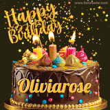 A delightful chocolate birthday cake with bright candles and 'Happy Birthday Oliviarose' written in gold amidst a shower of animated stars.