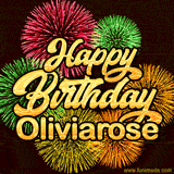 Golden text reading 'Happy Birthday Oliviarose' surrounded by vibrant fireworks in red, green, and yellow, set against a dark background in this celebratory birthday GIF.