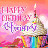 A vibrant birthday GIF featuring a rainbow-colored cupcake topped with white frosting, sprinkles, and a lit candle. The text reads 'Happy Birthday Oliviarose' in bold pink and violet letters with white outline.