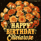Animated bouquet of orange roses with moving butterfles and golden 'Happy Birthday Oliviarose' text, surrounded by sparkling accents and a dark backdrop for a luxurious feel.