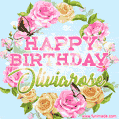 A charming animated GIF featuring 'Happy Birthday Oliviarose' in pink and green text, surrounded by delicate roses, leaves, and fluttering butterflies on a soft light blue pastel background.