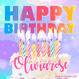 A vibrant animated name GIF with the words 'Happy Birthday Oliviarose' with colorful candles on a creamy cake. The background sparkles with pastel shades, adding a festive touch.