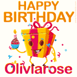 A vibrant and funny gift box character with a happy face dancing with a cupcake and the text 'Happy Birthday Oliviarose,' surrounded by animated confetti and party vibes.