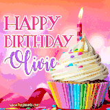 A vibrant birthday GIF featuring a rainbow-colored cupcake topped with white frosting, sprinkles, and a lit candle. The text reads 'Happy Birthday Olivie' in bold pink and violet letters with white outline.