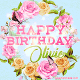 A charming animated GIF featuring 'Happy Birthday Olivie' in pink and green text, surrounded by delicate roses, leaves, and fluttering butterflies on a soft light blue pastel background.