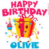 A vibrant and funny gift box character with a happy face dancing with a cupcake and the text 'Happy Birthday Olivie,' surrounded by animated confetti and party vibes.