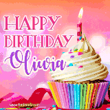 A vibrant birthday GIF featuring a rainbow-colored cupcake topped with white frosting, sprinkles, and a lit candle. The text reads 'Happy Birthday Oliwia' in bold pink and violet letters with white outline.