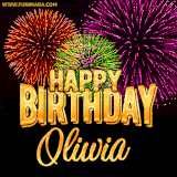 A golden 'Happy Birthday Oliwia' message with vibrant fireworks in the background, creating a festive and celebratory vibe in this animated name GIF.