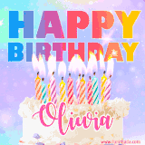 A vibrant animated name GIF with the words 'Happy Birthday Oliwia' with colorful candles on a creamy cake. The background sparkles with pastel shades, adding a festive touch.